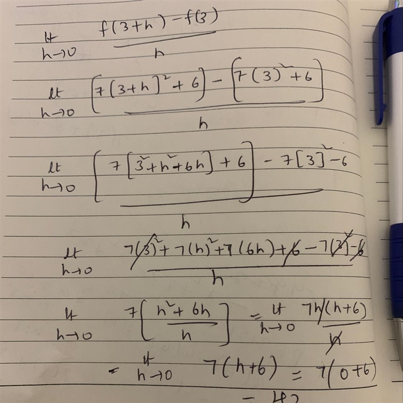 Let f(x) = 7x^2 +6. Evaluate lim h→0 f(3+h)− f(3)/h-example-1