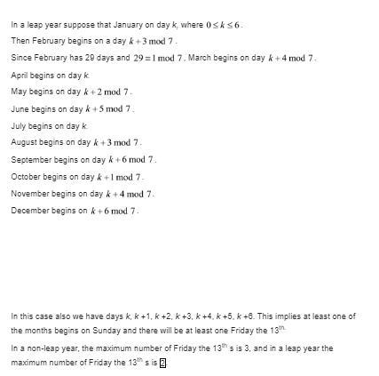 Using modular arithmetic, prove that every year (including leapyears) has at least-example-2