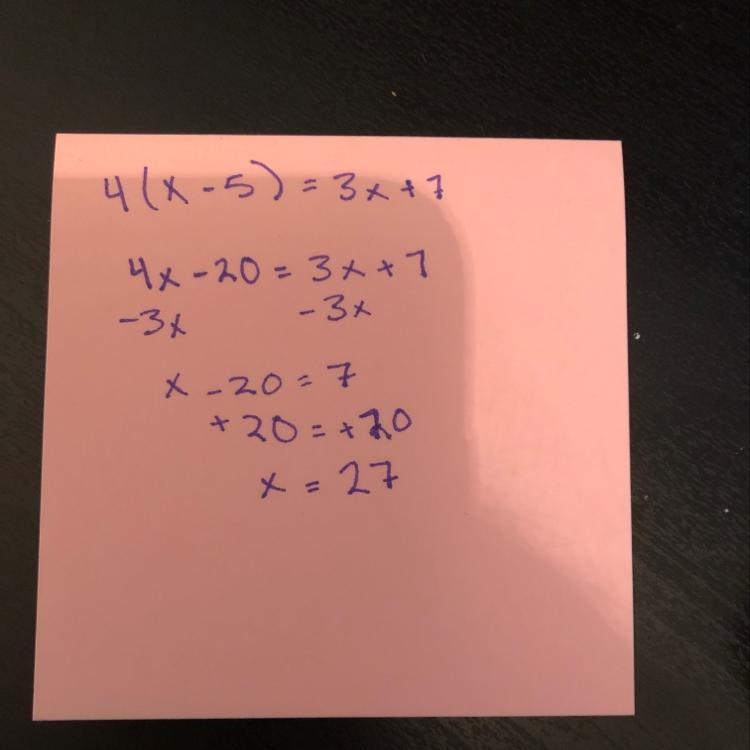 How many solutions are there to the equation below? 4(x - 5) = 3x + 7 A. O B. Infinitely-example-1