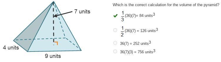 Which is the correct calculation for the volume of the pyramid? (36)(7)= 84 units-example-1