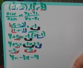 Find the equation of a line that passes through the points (-1,-3) and (1,-5). Leave-example-1