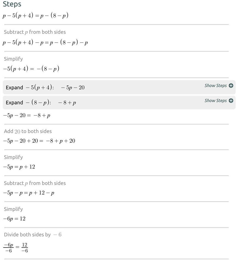 P - 5(p + 4) = p - (8 - p)​-example-1