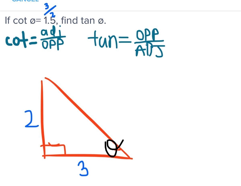 If cot ø= 1.5, find tan ø.-example-1