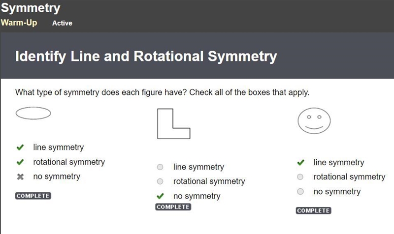 What type of symmetry does each figure have? Check all of the boxes that apply.-example-1