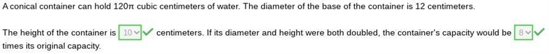 A conical container can hold 120π cubic centimeters of water. The diameter of the-example-1