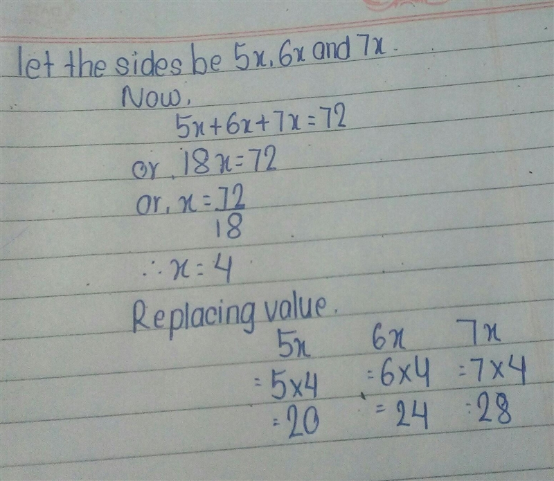 The lengths of the sides of a triangle are in the extended ratio 5 ​: 6 ​: 7. The-example-1