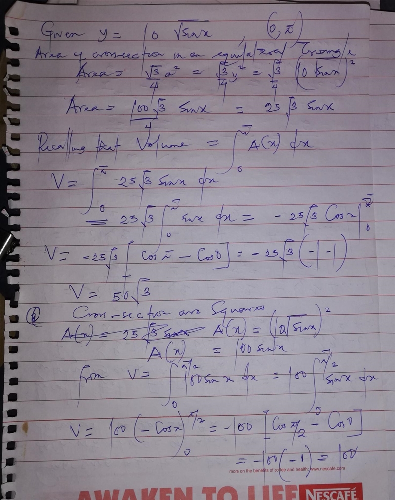 Find the volume of the following solids: The base of a solid is the region between-example-1