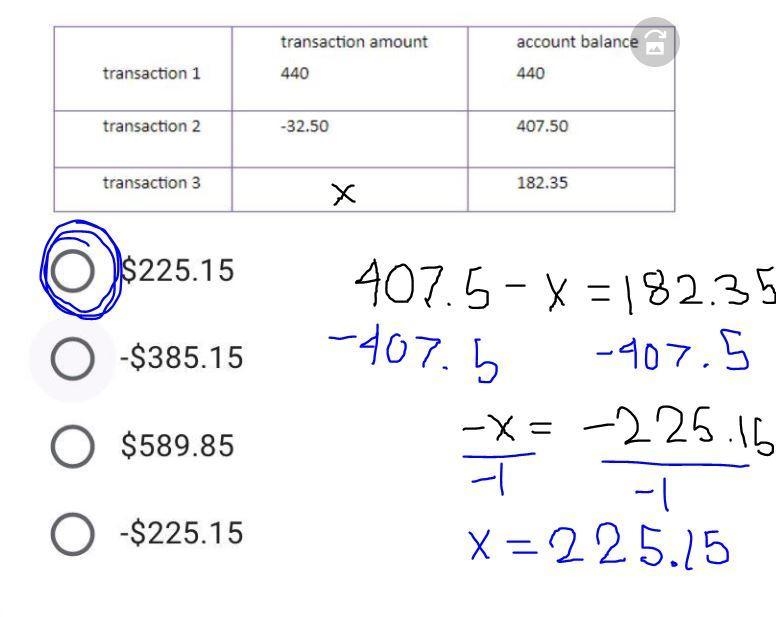 The table shows three transactions and the resulting account balance in a bank account-example-1