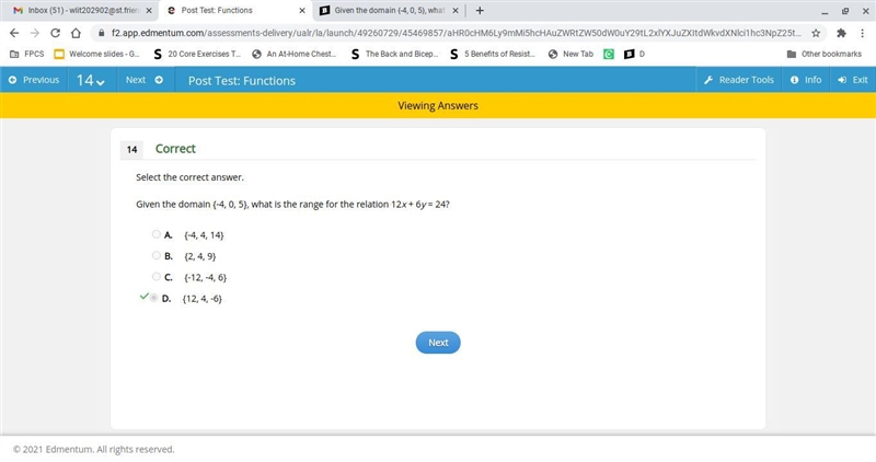 Given the domain {-4, 0, 5}, what is the range for the relation 12x + 6y = 24? A. {-4, 4, 14} B-example-1