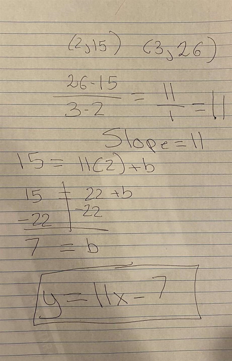 Which function passes through the points (2, 15) and (3, 26)? A. y= 11x +7 B. y= 11x-example-1