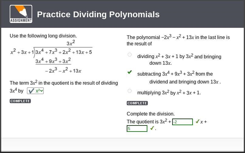 The polynomial −2x3 − x2 + 13x in the last line is the result of dividing x2 + 3x-example-1