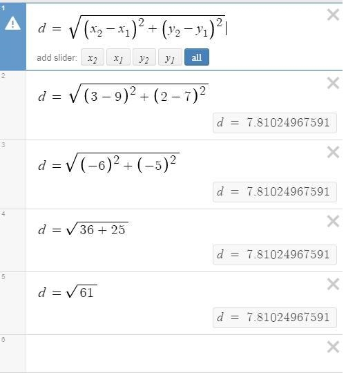 Explain the process to calculate the distance between A= (9,7), B= (3,2)-example-1