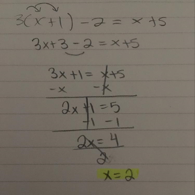 Solve the equation 3(x+1 )-2=x+5-example-1