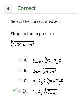 Simplify the expression. 5 square root of 224x^11y^8-example-1