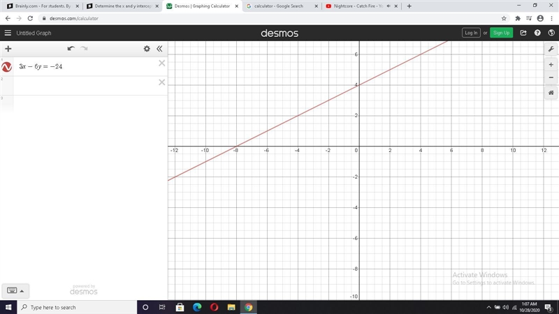 Determine the x and y intercepts for the following function 3x – 6y= –24 (-8,0), (0,4) c-example-1