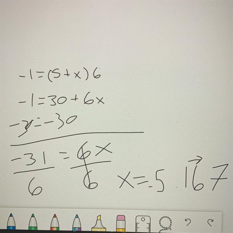 What is the 2 step equation -1=(5+x)6-example-1