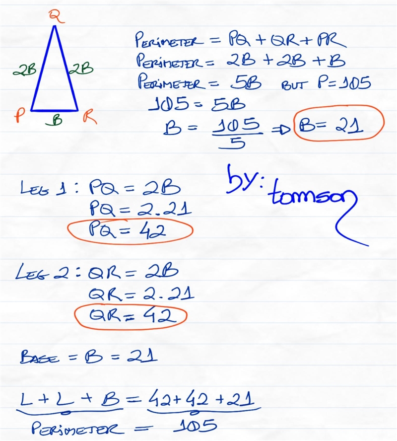 The perimeter of a triangle is 105 cm. If each of the two legs is exactly twice the-example-1