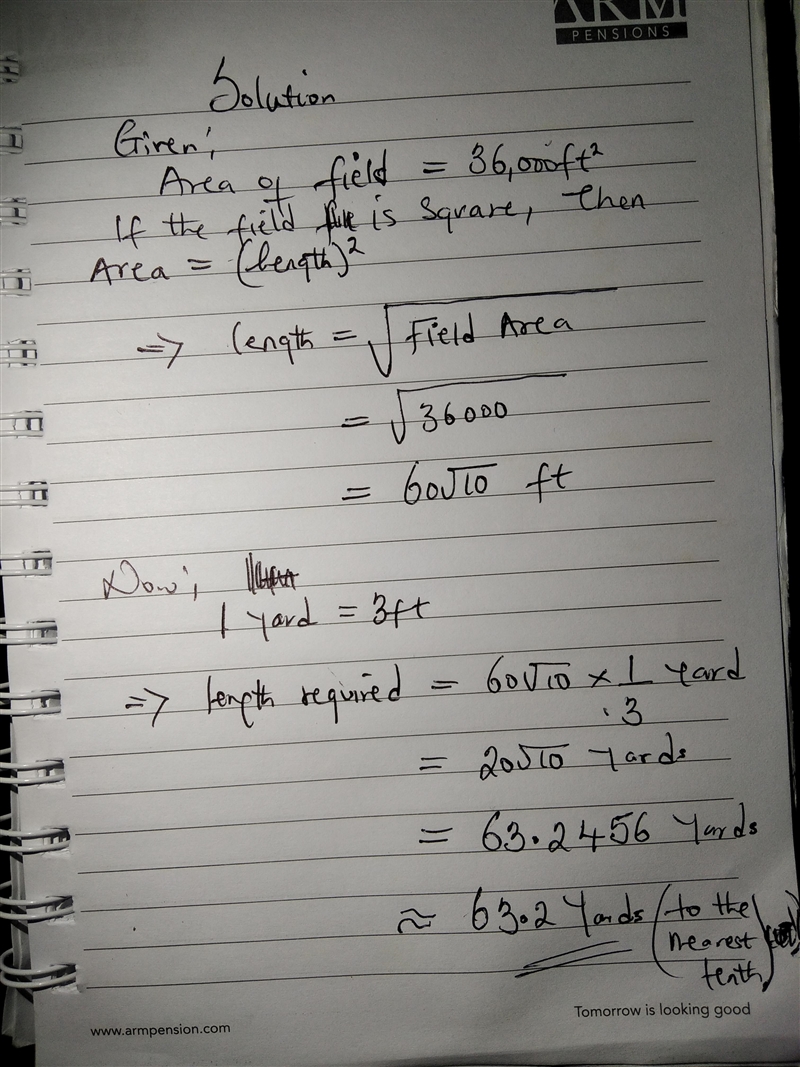 A field is 36,000 square feet if the field is square what would be the length of each-example-1