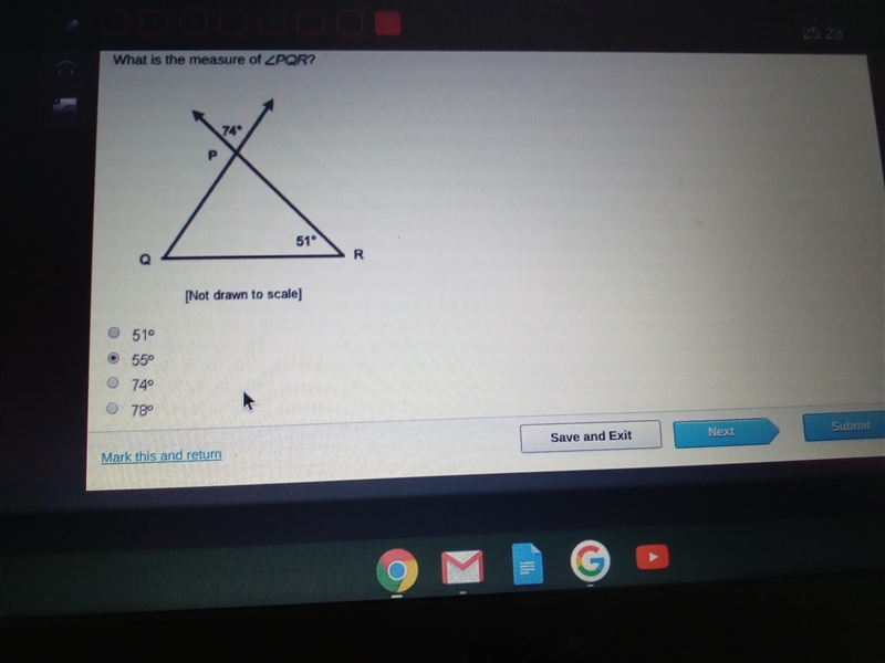 What is the measure of? angle PQR [Not drawn to scale) -51 -55 -74 -78-example-1