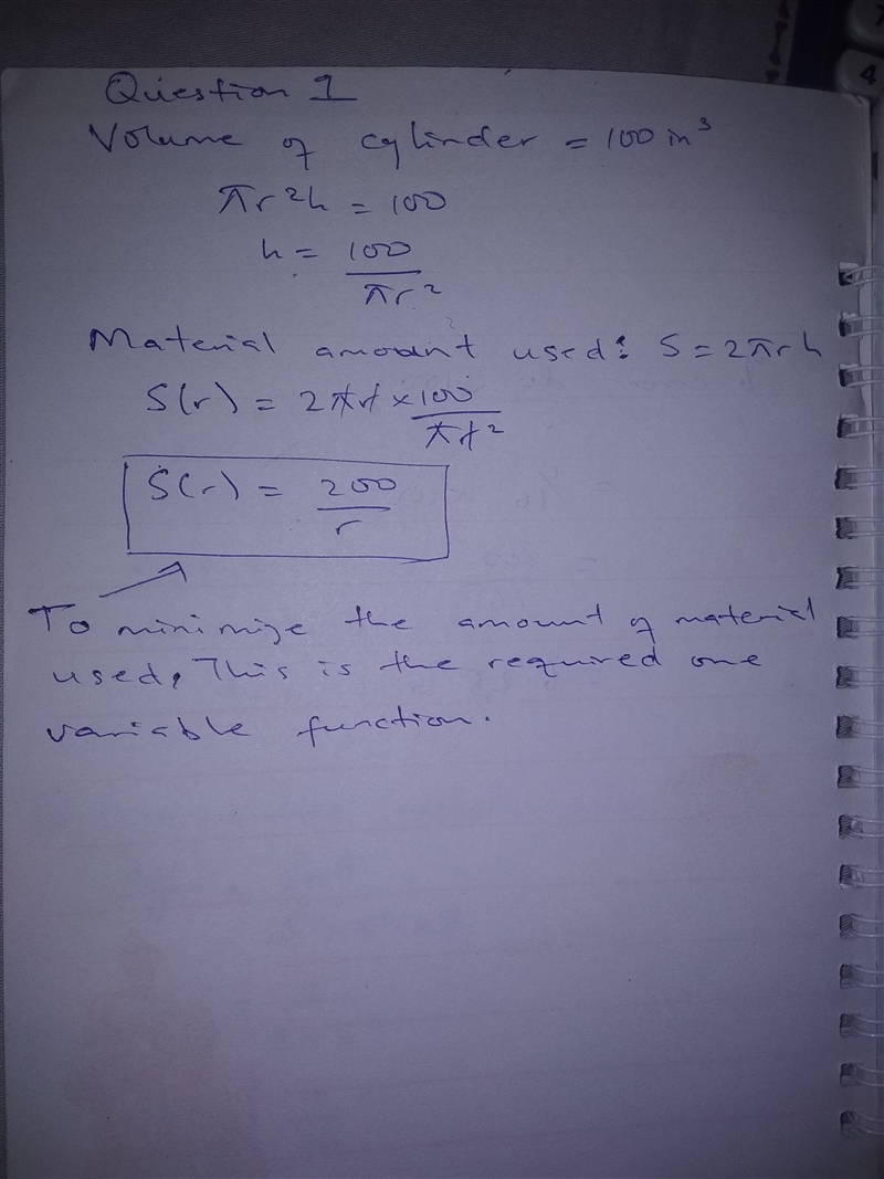 [The volume of a circular cylinder of height h and radius r is given by V = pir^2h-example-1