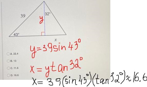 Find the length of the side labeled x. Round intermediate values to the nearest tenth-example-1