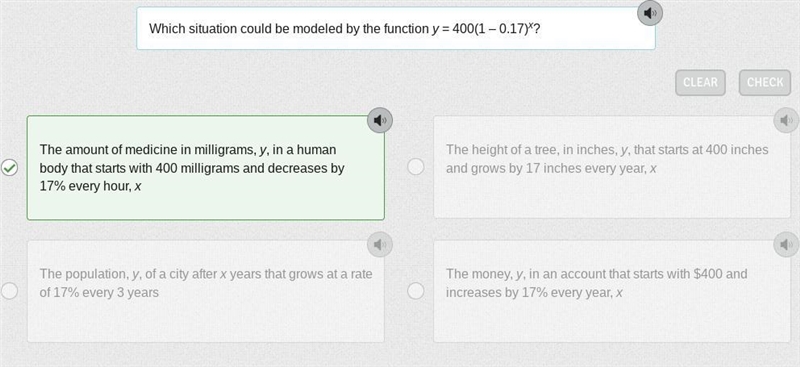 Which situation could be modeled by the function y = 400(1 – 0.17)x? Here are the-example-1