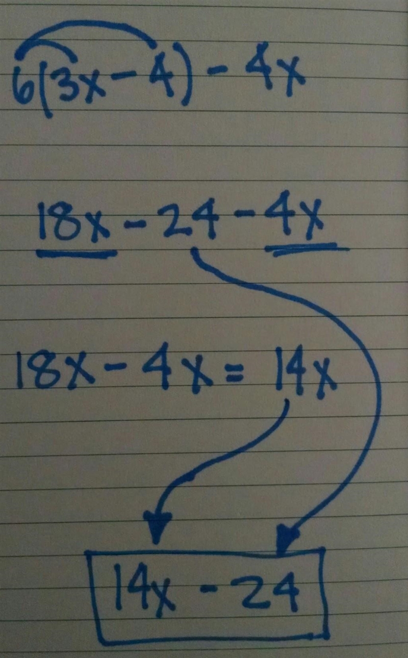 Please answer ASAP with WORK worth all my points6(3x–4) –4x-example-1