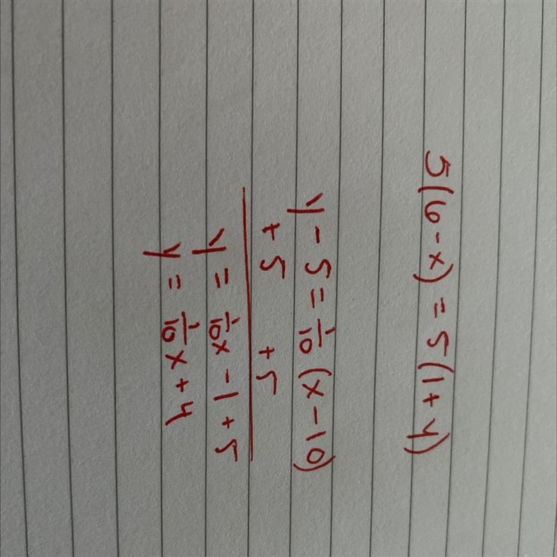 Y - 5 = 1/10 (x – 10) How do you rewrite the equation in slope-intercept form?-example-1