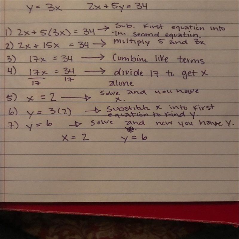 Solve by using substitution. y=3x 2x+ 5y = 34​-example-1