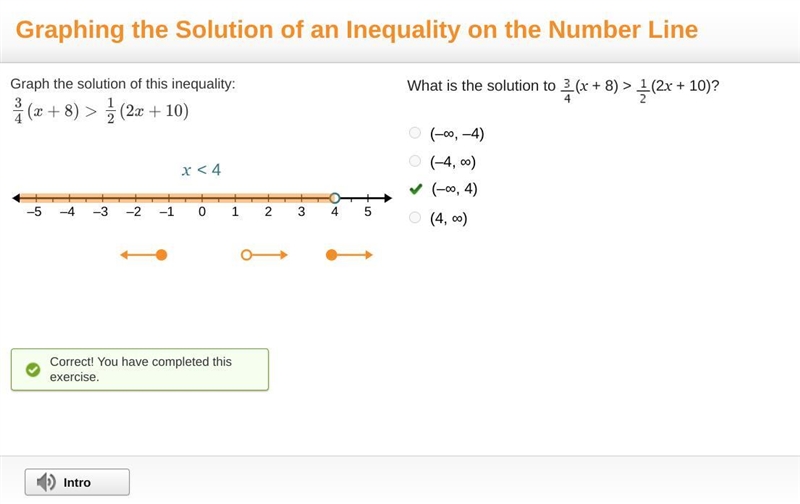 Graph the solution of this inequality: 3/4(x+8) > 1/2 (2x + 10)-example-1