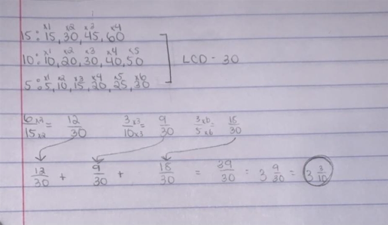 Solve the equation using equivalent fractions. show your work. 6/15 + 3/10 + 3/5 = ? help-example-1