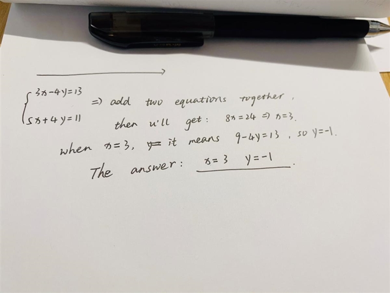 Solve the system of equations by substitution. 3x - 4y = 13 5x + 4y = 11 The solution-example-1