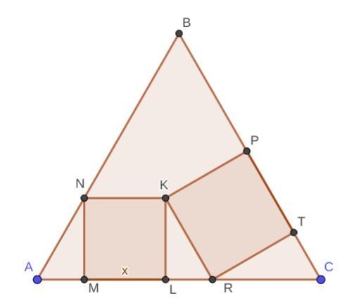 In a regular triangle ABC with side 1, two squares MNKL, RKPT are drawn such that-example-1