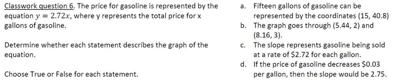 The price for gasoline is represented by the equation y = 2.72x, where y r represents-example-1