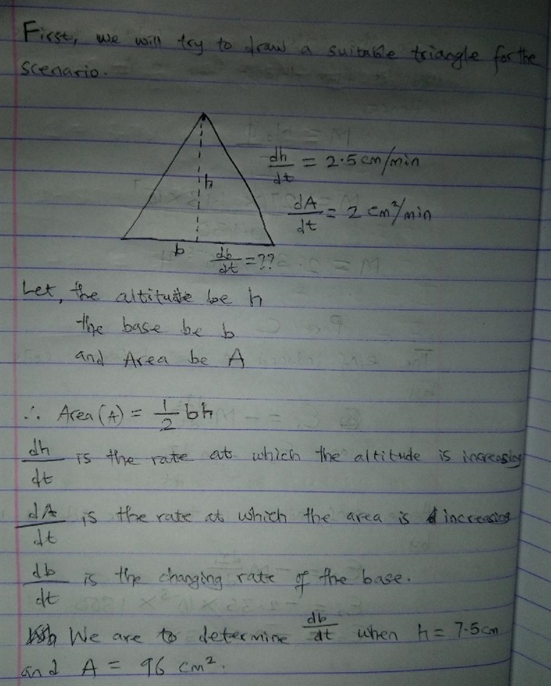 The altitude of a triangle is increasing at a rate of 2.5 centimeters/minute while-example-1