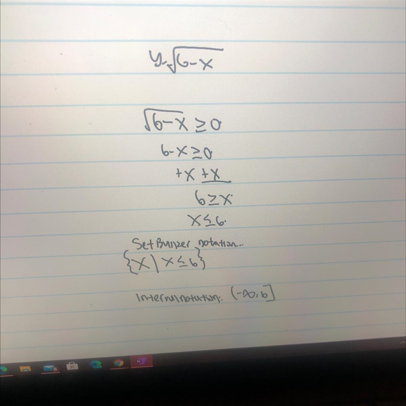 Give the domain of y = √(6 - x) using set builder notation.​-example-1