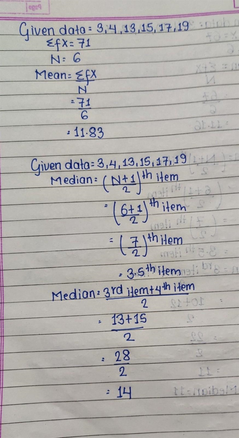 Find the mean and median of these data:3, 4, 13, 15, 17, 19.-example-1