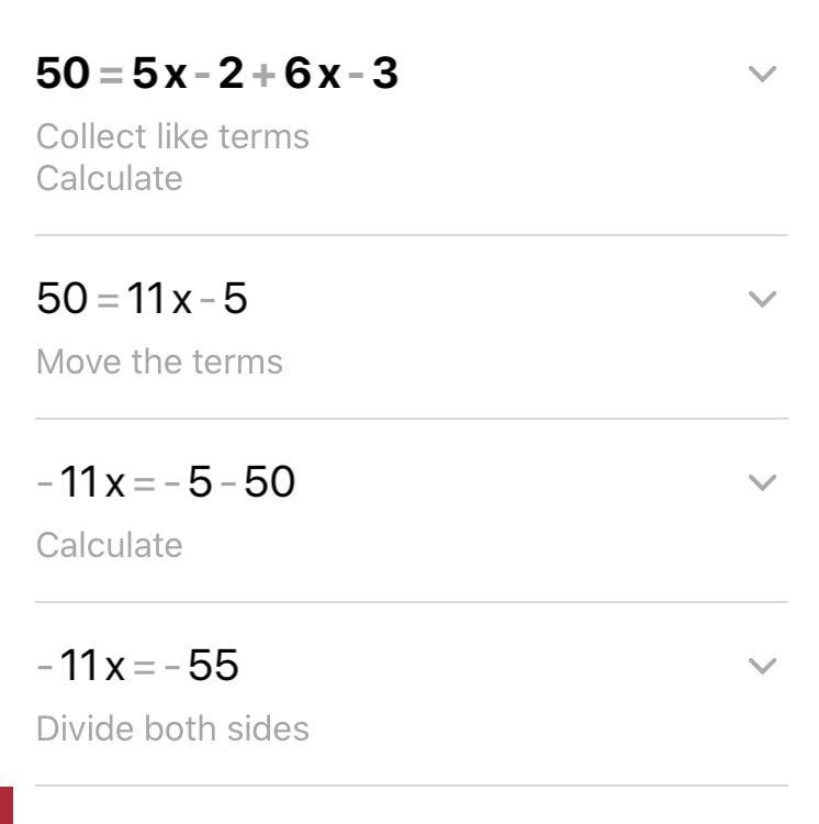 50 = 5x - 2 + 6x-3 Solve for x-example-1