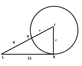 LK is tangent to circle J at point K. Circle J is shown. Line segment J K is a radius-example-1