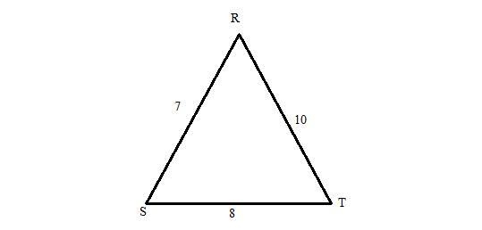 In RST, RS = 7, RT = 10, and ST = 8. Which angle of RST has the smallest measure? A-example-1