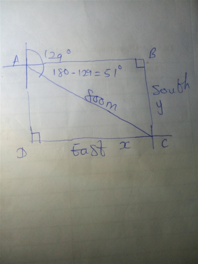 A girl walks 800 m on a bearing of 129°. Calculate how far: a east b south she is-example-1