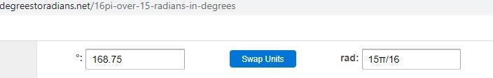 How many degrees is StartFraction 15 Over 16 EndFraction pi radians? 84.375° 93.75° 168.75° 337.5°-example-1