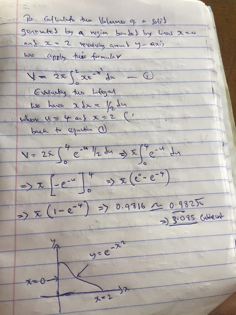 The region bounded by y = e−x2, y = 0, x = 0, and x = b (b > 0) is revolved about-example-1