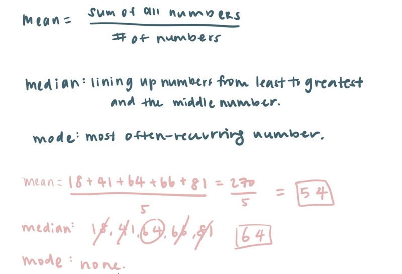 What is the mean,mode,median,range of 18,41,64,66,81-example-1