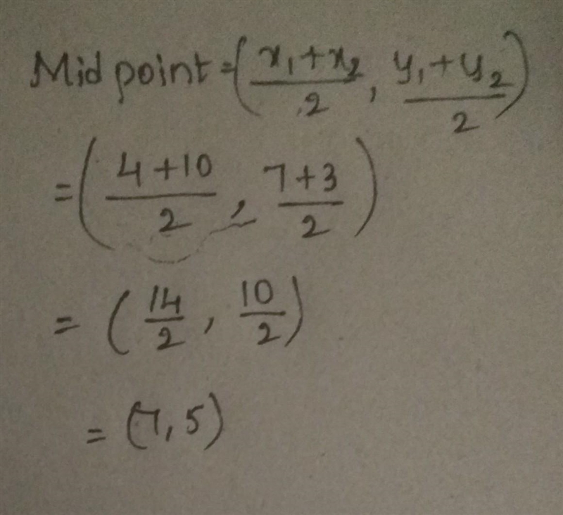 Find the midpoint of the segment with the following endpoints. (4,7) and (10,3)-example-1