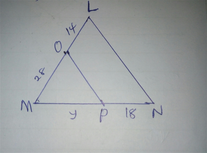 Triangle L M N is cut by line segment O P. Line segment O P goes from side M L to-example-1