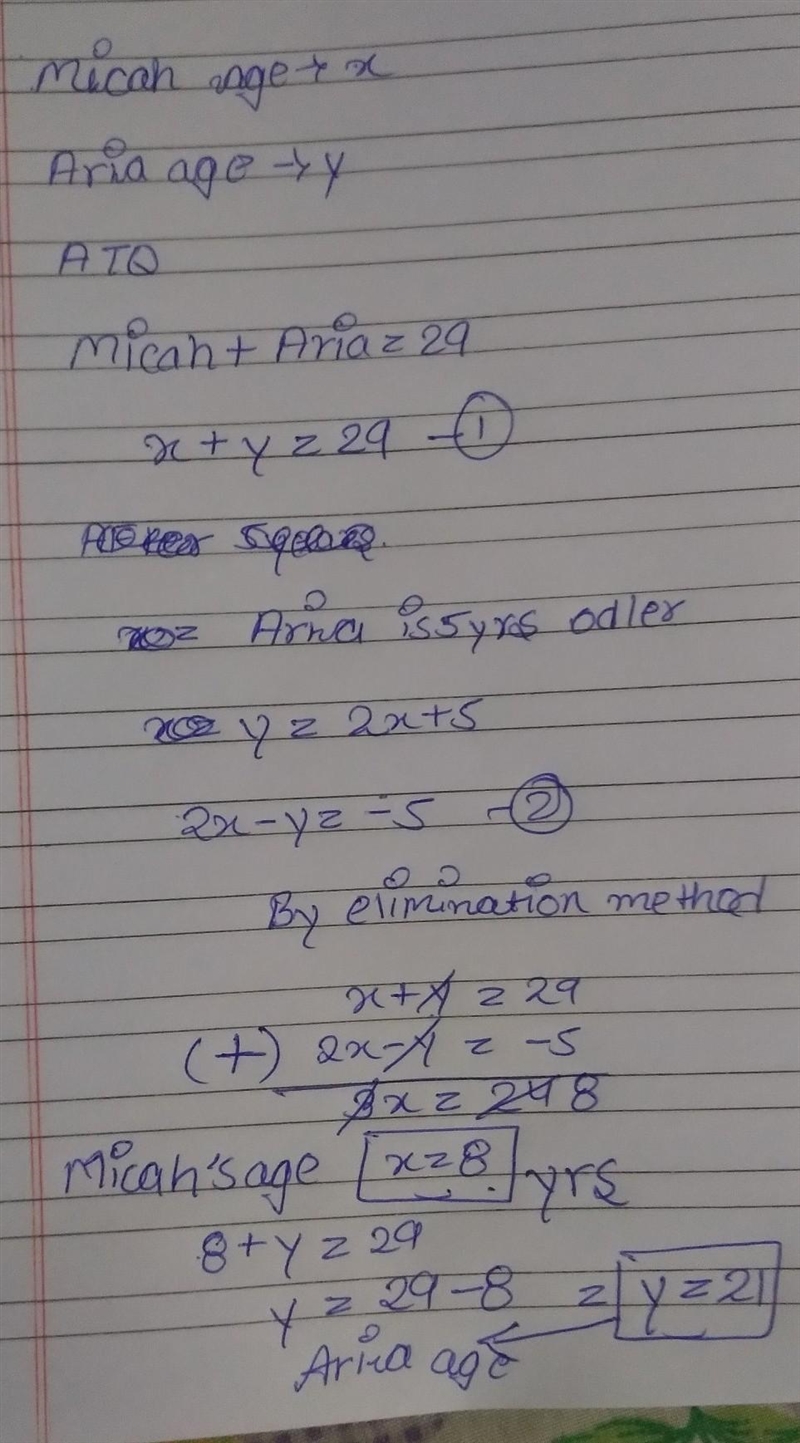 The sum of Micah’s age and Aria’s age is 29. Aria is 5 years older than twice Micah-example-1