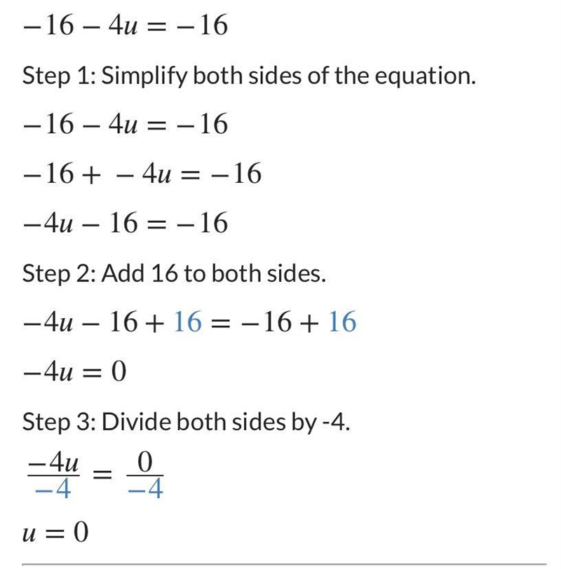 Solve for u. -16-4u= −16-example-1