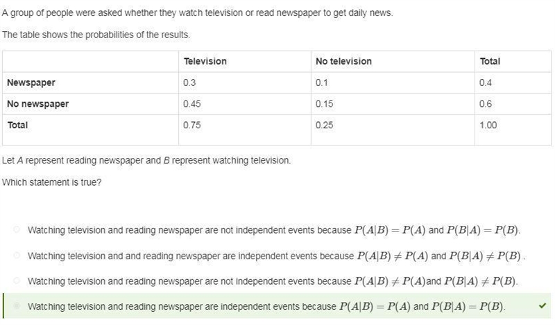 Let A represent reading newspaper and represent watching television Which statement-example-1