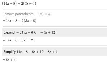 2. Soive: (14x - 8) - 2(3x - 6) a. 8x + 4 b. 20x + 4 19x + 14 d. 8x - 20-example-1